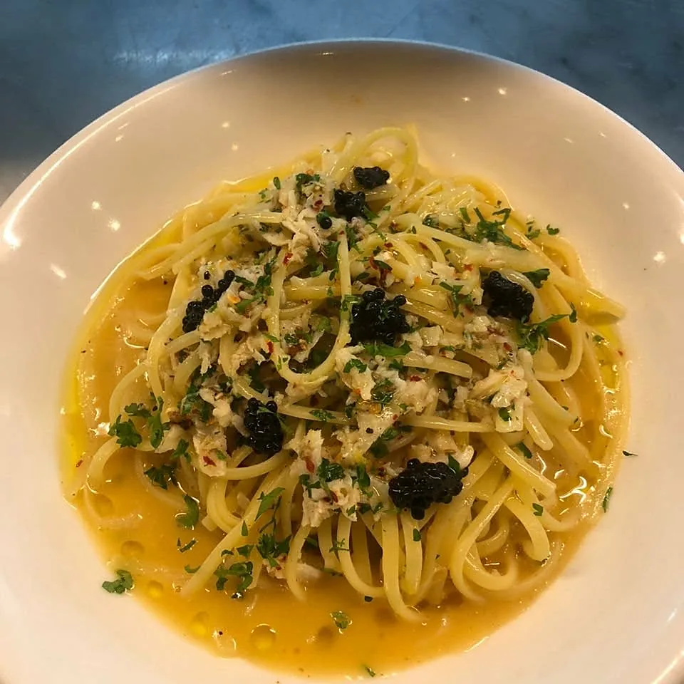 Crab linguine with caviar